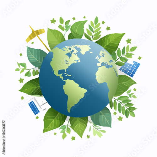 Vector art of planet Earth surrounded by leaves, eco symbols, and renewable energy elements