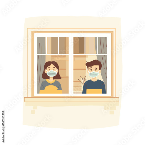 Couple in quarantine wearing face masks looking out the window
