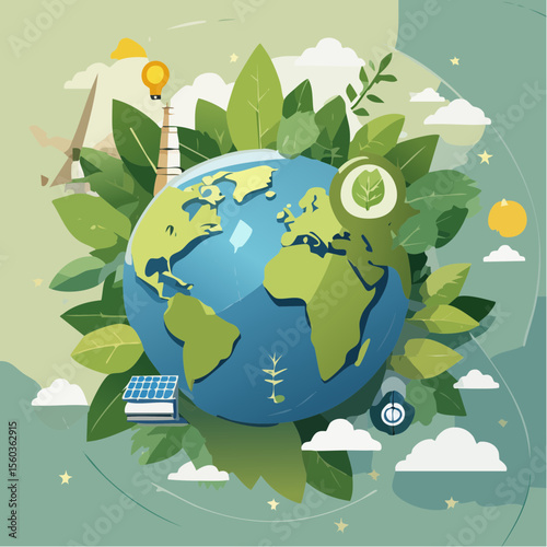 Vector art of planet Earth surrounded by leaves, eco symbols, and renewable energy elements