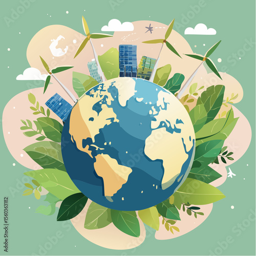 Vector art of planet Earth surrounded by leaves, eco symbols, and renewable energy elements