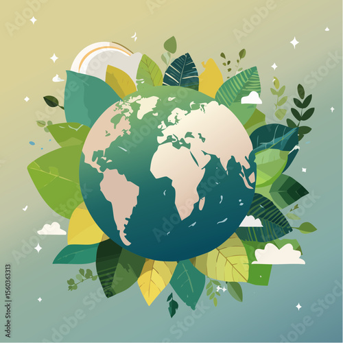 Vector art of planet Earth surrounded by leaves, eco symbols, and renewable energy elements