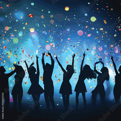 Silhouette of a crowd dancing at a party with lights and confetti