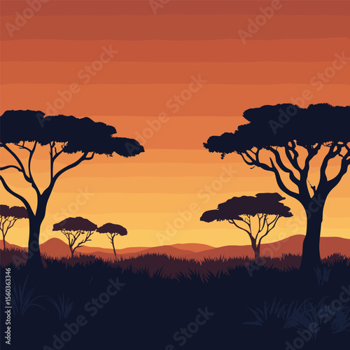 Panoramic silhouette of African savanna landscape with acacia trees