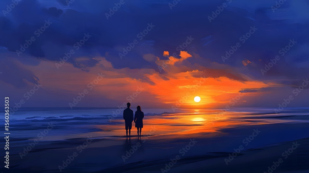 Silhouette of two people watching a vibrant sunset over the ocean. Silhouette of two people watching a vibrant sunset over the ocean.