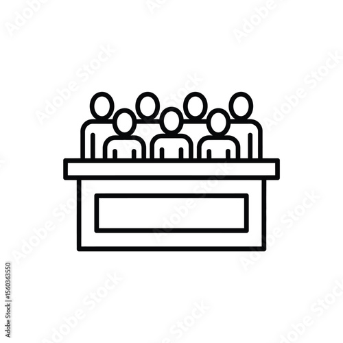 Simple line art icon representing a group of people standing behind a desk or podium