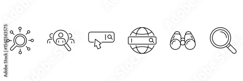 Search engine people exploration global magnifier binoculars focus discover investigate internet research network UI icons vector set.