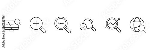 Digital monitoring magnification analytics zoom confirm search internet performance review discover focus approval global insight icons vector illustration.