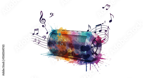 A modern abstract  portable Bluetooth speaker illustrated in watercolor, with floating music notes and colorful splashes.