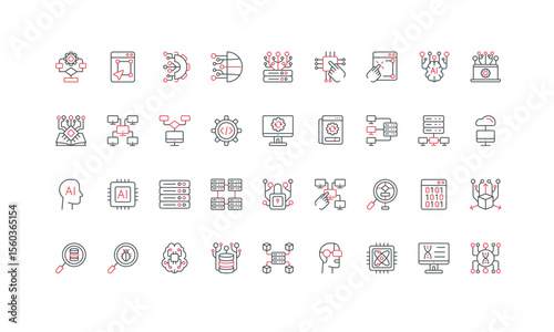 AI and big data science, algorithm and structure, futuristic server network and cloud line icon set. User and AI interaction, smart solutions, microchip thin black and red symbols vector illustration