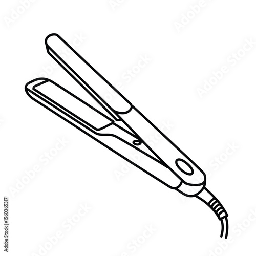 Simple line art illustration of an open hair straightener with a cord
