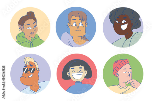 Set of character profile icons in round shapes, different appearance, age, gender