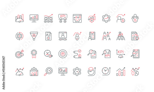 Key Performance Indicators, metrics analysis by analyst line icon set. Statistics and dashboard charts, data report research for investment thin black and red outline symbols vector illustration