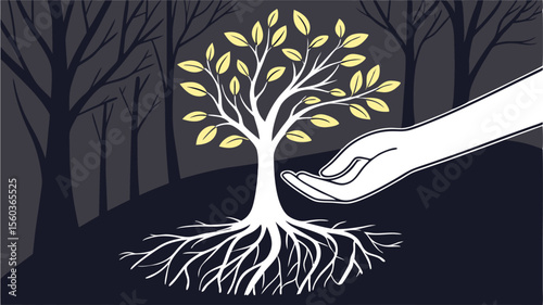 Illustration of a tree with yellow leaves being nurtured by a hand in a forest environment scene