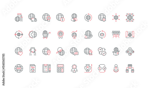 Global business organization, worldwide product distribution, international commerce line icon set. Earth globe with message and heart, handshake thin black and red outline symbols vector illustration