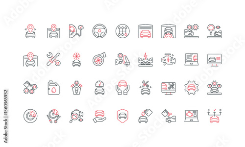 Car maintenance and repair service, auto shop, insurance line icon set. Fix vehicle problem in workshop, transportation to garage by tow truck thin black and red outline symbols vector illustration