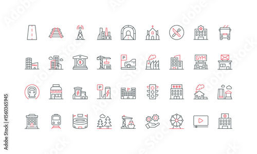 Urban infrastructure, public city buildings and tunnel, bridge and road, traffic light line icon set. Amusement park and port, parking thin black and red outline symbols vector illustration