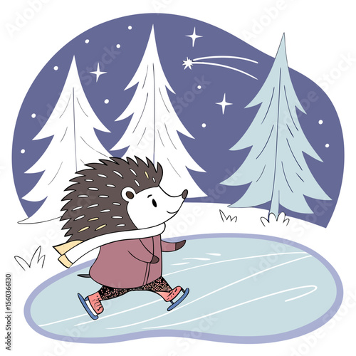 Illustration of a hedgehog ice skating on a frozen pond with snowy trees and stars in the background at night