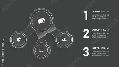 3D Glass Effect Business Flow Chart – 3 Step Infographic Template with Icons and Web UI Elements