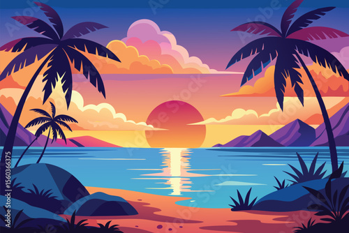 Tropical Sunset Landscape with Palm Trees and Ocean – Vector Illustration