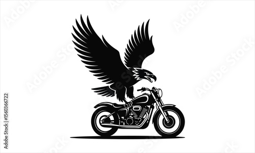 Powerful motorcycle and eagle flying together silhouette design