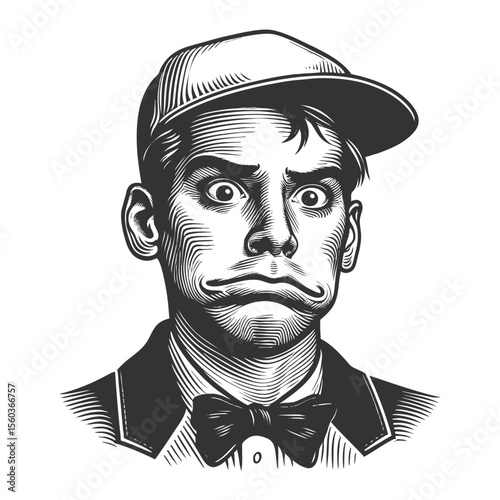humorous man in a cap and bowtie, pulling a goofy exaggerated facial expression sketch engraving generative ai vector illustration. Scratch board imitation. Black and white image.