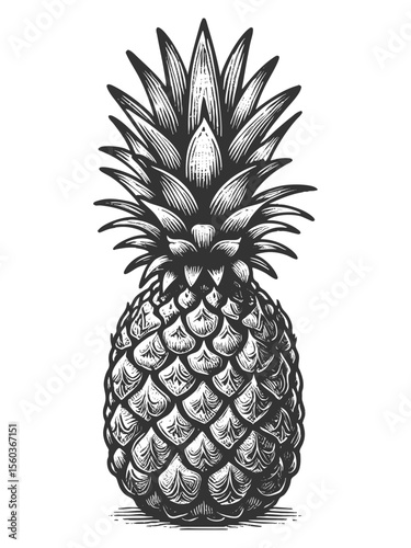 Pineapple sketch engraving generative ai fictional character vector illustration. Scratch board imitation. Black and white image.
