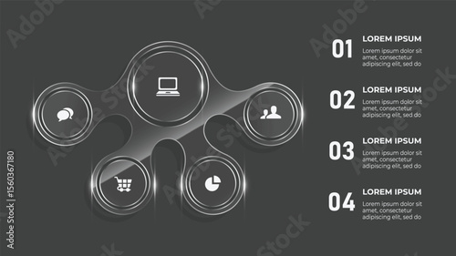 3D Glass Effect 4 Step Business Flow Chart – Vector Infographic Template with Icons, Web Elements & Timeline Design