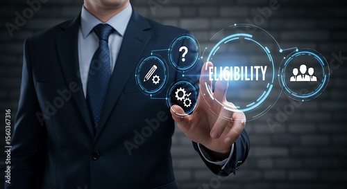 Businessman in dark suit interacts with eligibility criteria digital interface showing question mark gears pencil