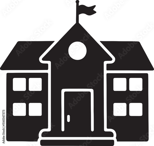 Simple Black and White School Building Illustration Depicting Education and Institutional Learning with a Flag on Top of the Building