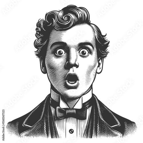 man with wide eyes and puckered lips, expressing shock or amazement in vintage attire sketch engraving generative ai fictional character vector illustration. Scratch board imitation. Black and white.
