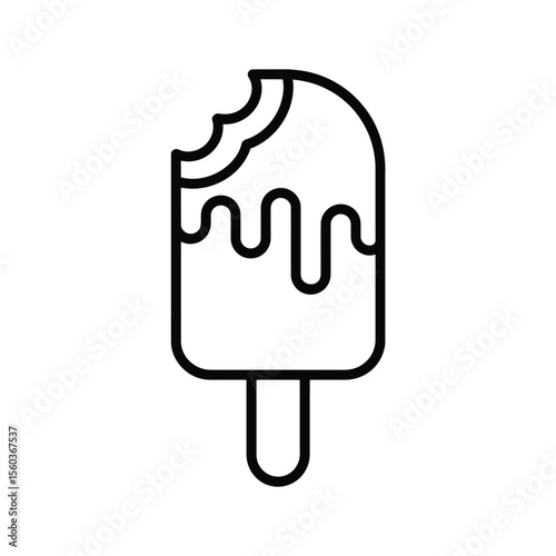 Simple outline icon of a bitten ice cream bar with dripping chocolate on a white background