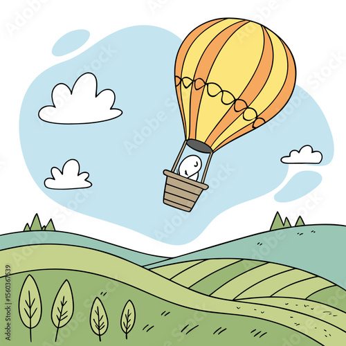 Illustration of a hot air balloon with a passenger flying over green hills and trees under a cloudy sky