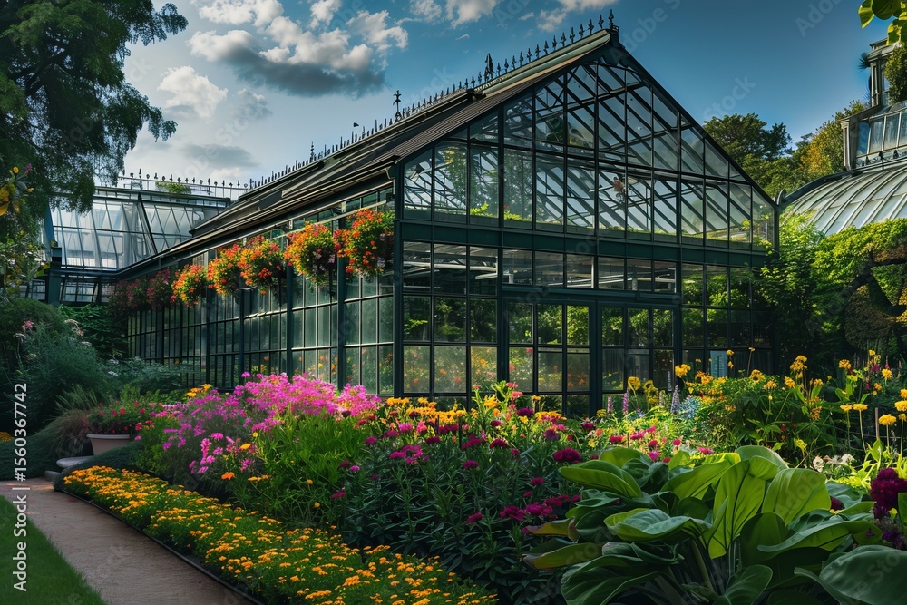 Fototapeta premium Colorful flowerbeds growing outside a beautiful victorian greenhouse in a botanical garden, horticulture and gardening concept