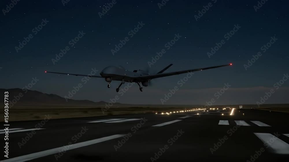 Unmanned surveillance drone prepares for night takeoff from battlefield airstrip