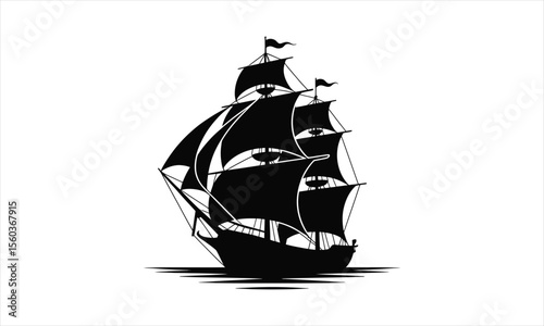 Classic sailing ship silhouette on the open sea
