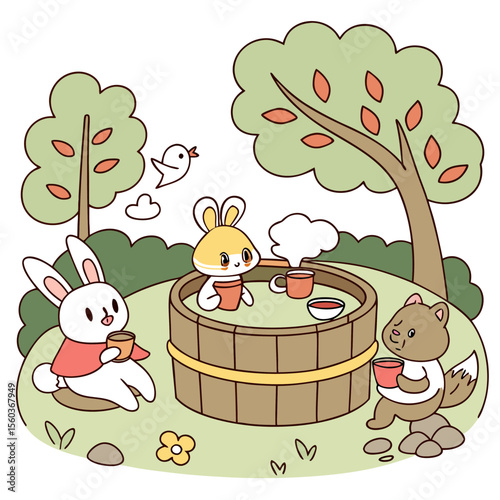 Cartoon illustration of animals drinking tea around a wooden tub in a nature setting with trees and bird