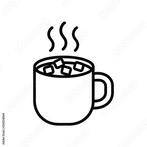 Simple line art icon of a steaming mug filled with marshmallows and hot beverage