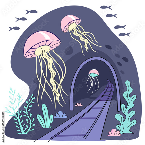 Illustration of jellyfish floating near a dark cave with a railroad track leading into the tunnel entrance