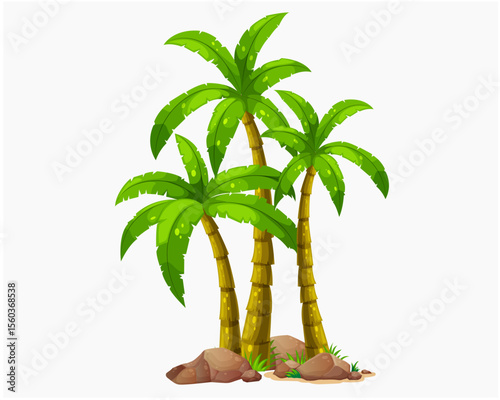 Tropical Palm Trees with Rocks Vector Illustration