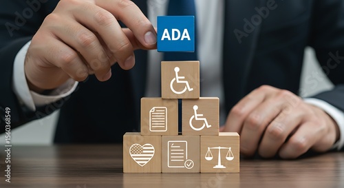 Businessman placing A D A cube atop wooden blocks showing disability accessibility symbols American flag document