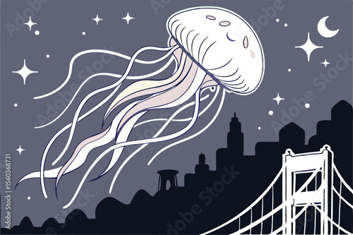 Illustration of a jellyfish floating over a city skyline at night with stars and moon in the background