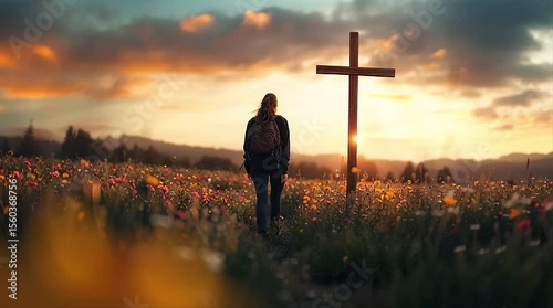 A large wooden cross is placed in the middle of a field in which wild flowers are in full bloom, and a woman is walking toward the cross.