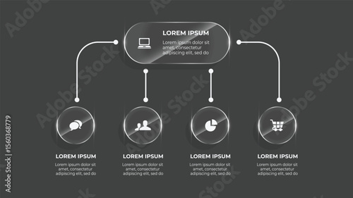 3D Glass Effect 4 Step Business Flow Chart – Vector Infographic Timeline Template with Icons & Presentation Design