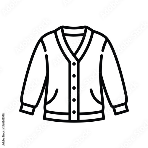 Simple black and white line art icon of a classic cardigan sweater