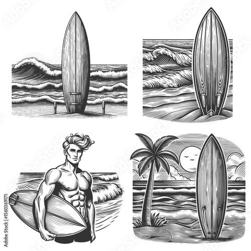surfers riding waves, surfboards, and tropical beach Set collection bundle sketch engraving generative ai vector illustration. Scratch board imitation. Black and white image.