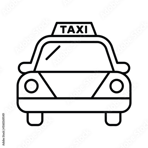 Simple black and white line art icon of a taxi cab with a taxi sign on top
