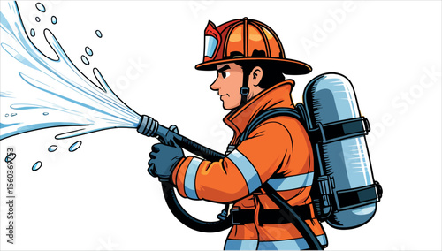 A cartoon of a firefighter holding a hose