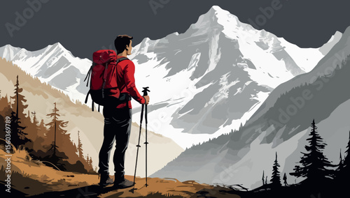 An adventurous hiker enjoys the extreme cold of a winter mountain landscape in the Alps