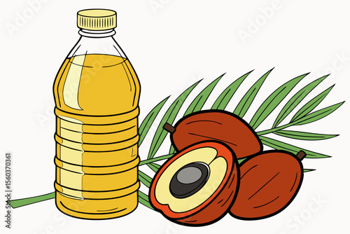 Palm oil bottle with ripe palm fruits and tropical leaves on white background