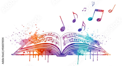 A watercolor painting of an open music sheet with colorful splash effects in pastel tones